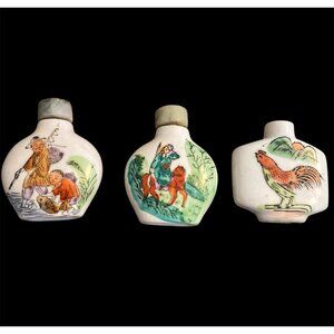 Vtg Chinese Qing Dynasty Hand Painted White Porcelain Snuff Bottles Lot of 3